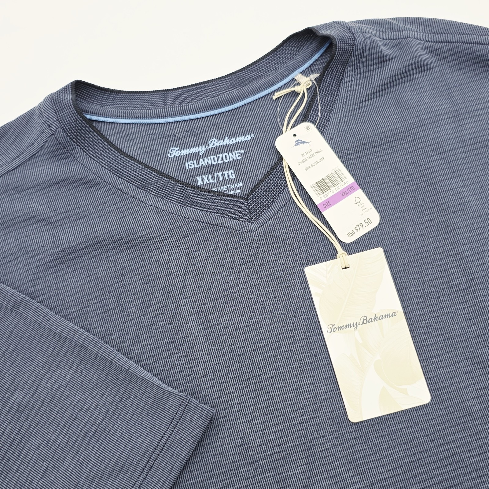 Tommy Bahama Islandzone Coastal Crest V-Neck Shirt 2xl Ocean Deep Blue S/S Nwt